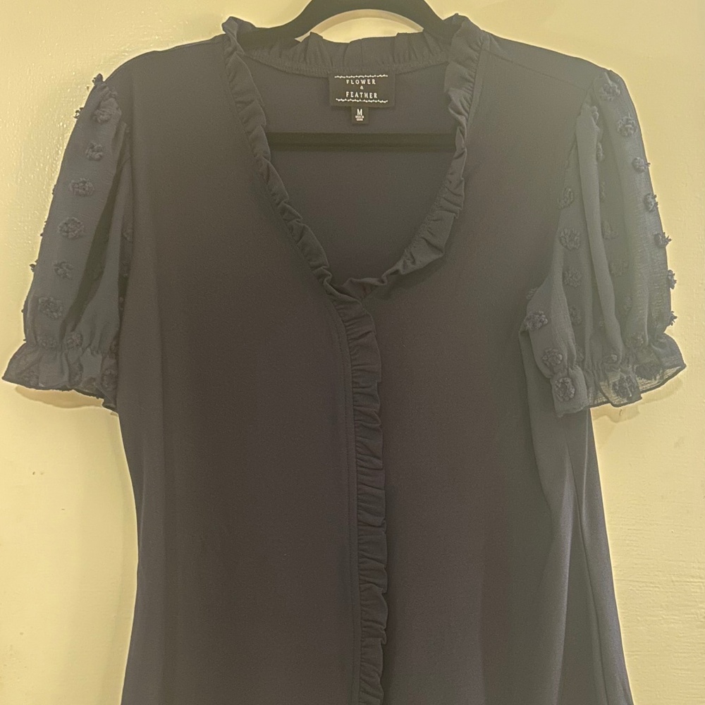 Navy Blue Flower & Feather Blouse